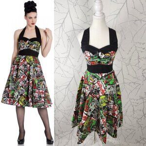 Hell Bunny B-Movie Graphic Print Halter Fit & Flare Pinup Dress